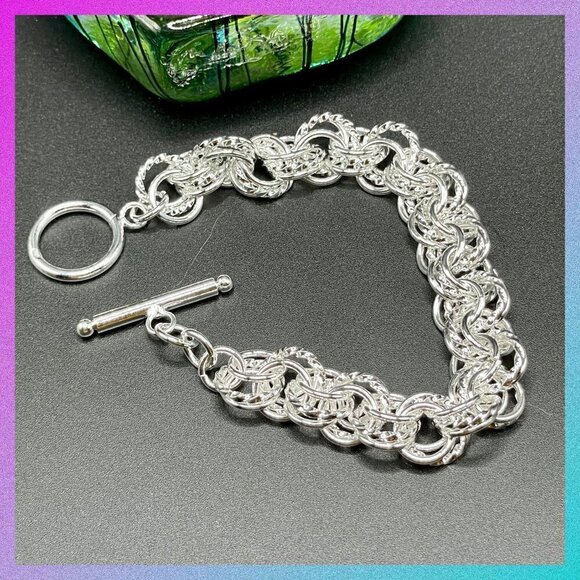 Sterling Silver 925 Alternating Texture Triple Link Chain Bracelet #1172 - Picture 1 of 8